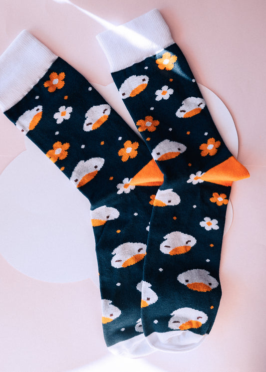 Chaussettes canard paquerettes bleu marine taille S ou M coton motif original Sekai